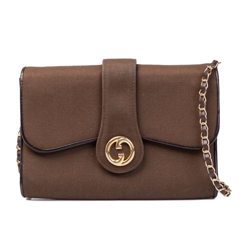 Gucci Canvas Brown Clutch with Detachable Gold Chain